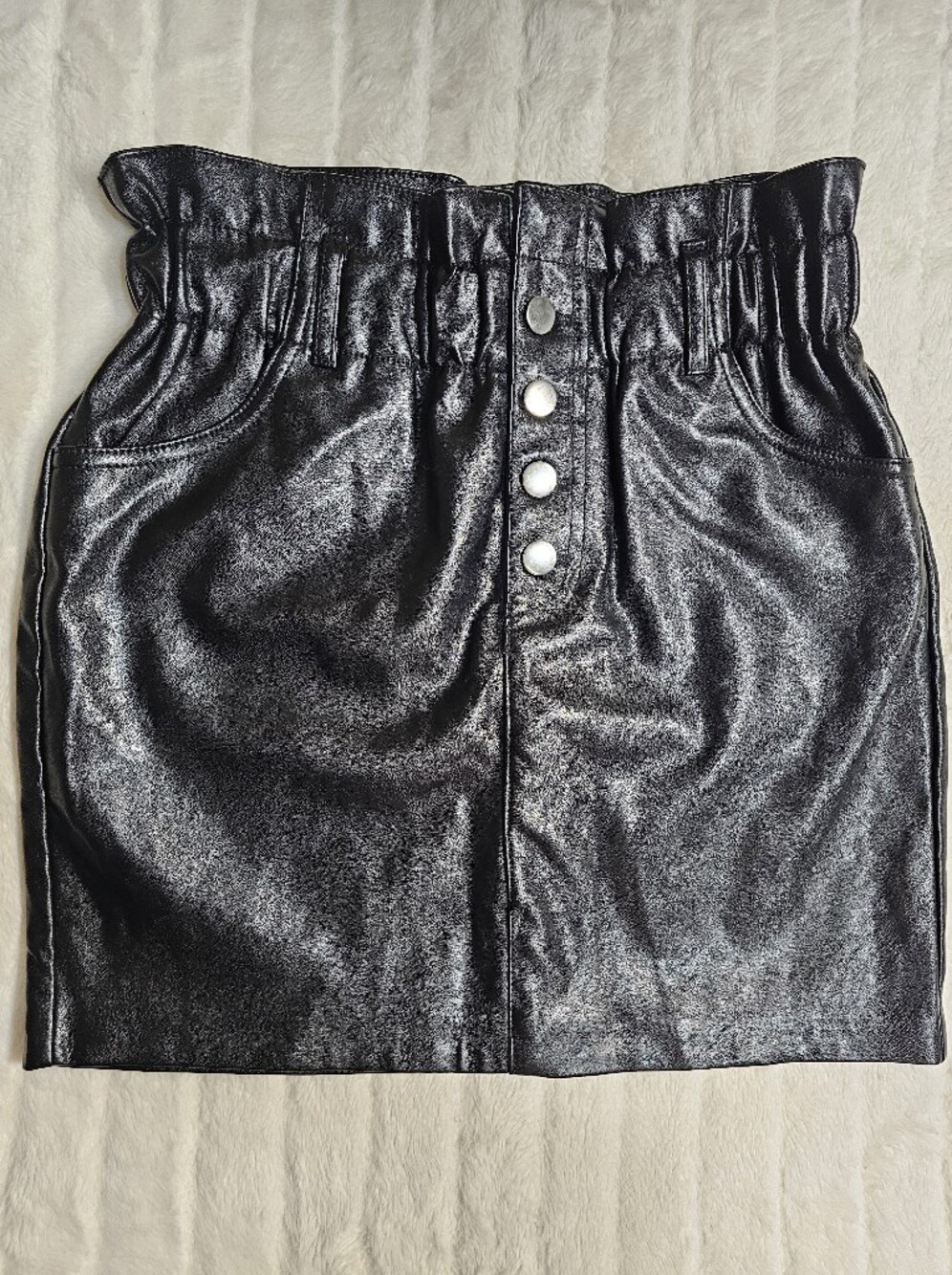 Haute Monde NWT Black Faux Leather Paperbag High Waist Snap Button Mini Skirt S